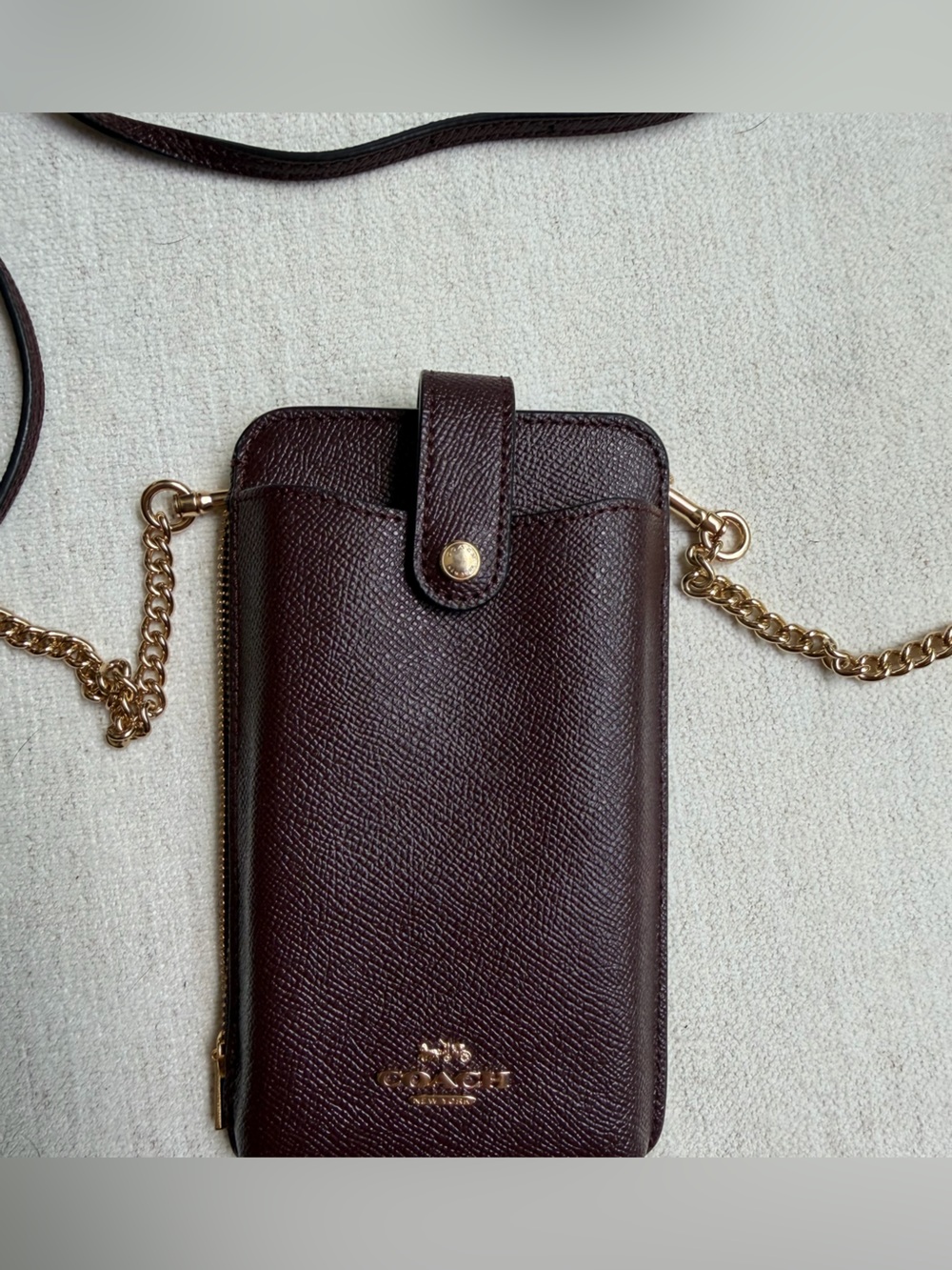 Coach Burgundy Leather Crossbody Phone Case with Gold Chain
